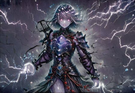 (Masterpiece:1.3), (best quality:1.2), (detailed background:1.1), (intricate details:1.1), (detailed background:1.2), 1girl, solo focus, standing, perfect anatomy, 
bleakfaith,
source_anime, night sky, dark cloud background, sky background, lightning on background, only purple lightning, purple lightning, dark purple theme,
BREAK
watercolor, chinese,traditional,
BREAK
(purple hair:1.2),(pale skin:1.3), (purple skin:1.5),1girl,solo, mysterious, vivid color, shiny, (short purple hair), bob cut hair, purple eyes,glowing purple pupils,
laugh arrogantly,
BREAK
armor(dark suit,armor, animal chest plate), lightning, dark purple lightning on armor, chinese style, 
spraks in hand,
BREAK
looking at the viewer, front view, full view,
best quality, ultra-detailed, absurdres, detail face, best quality, hires textures, high detail, (4k),incredibly detailed
NegativeDynamics,