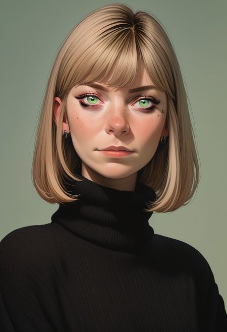 1girl, belatricepamford, pretty face, freckles, manic pixie, light hair, goth makeup, sweater, nose, seductive, 
FOV medium shot, 
simple pastel green background,
score_9,score_8_up