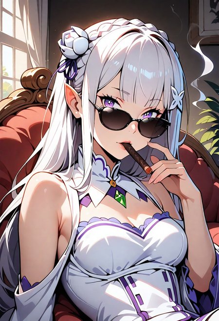 1girl, solo, emilia \(re:zero\), hair ornament, bare shoulders,  upper body, looking at viewer, smoking cigar, looking over eyewear, sunglasses, chaise longue, indoors, sidelighting, dark, masterpiece, best quality, very aesthetic, absurdres, re:zero kara hajimeru isekai seikatsu