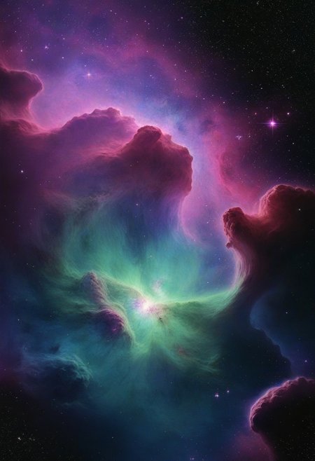 Stunning nebula in space, dynamic colors, purple and green, stars in background, hyper realistic