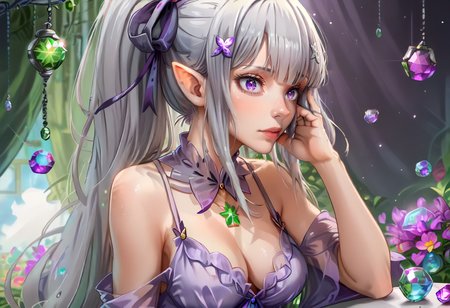 score_9,score_8_up,score_7_up,score_6_up,score_5_up,score_4_up,<lora:Anime_Style_For_Pony:0.9>,source_anime,perfect eyes,<lora:Emilia_ReZero_pony:0.9>,emilia_rezero_pony,1girl,bare shoulders,cleavage,elf,gem,green gemstone,grey hair,hair ribbon,long hair,medium breasts,nightgown,pointy ears,ponytail,purple eyes,purple nightgown,solo,white hair,