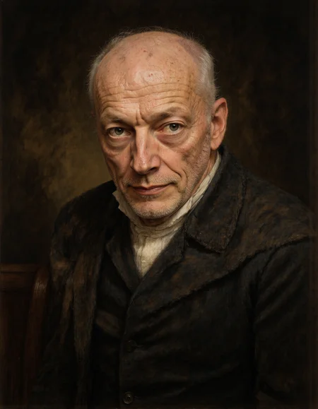 Rembrandt style <lora:Dark_Ghibli:0.6>, masterpiece portrait of old man, <lora:4oCaricature_early:0.6>, mid body, portrait, <lora:DAVID_GILMOUR:1> . Baroque, chiaroscuro, realistic, emotional, "flat lighting