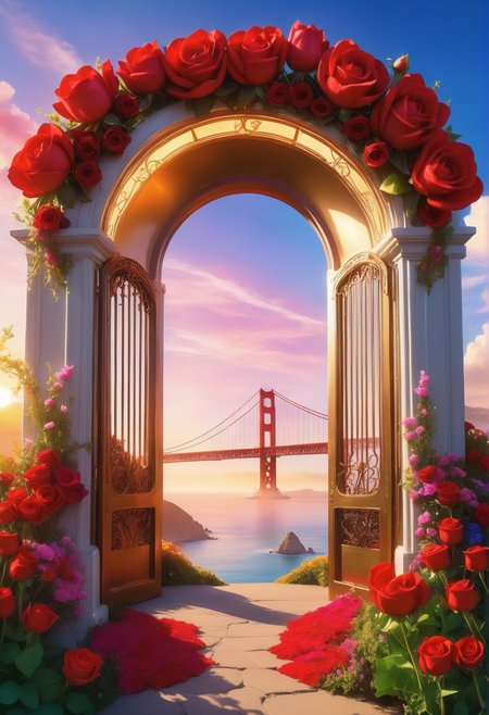 sunrise shines,landscape of a reij-ebsu gate,retro sci fi steampunk, fire <lora:ebony sunset-000001:1>, empty place, the gate surrounded by flowers is made of pam-flwr <lora:SDXL_FLOWER_STYLE:0.9>, a reij-mg outdoor room, neon light <lora:reij-moderngothic:0.8>, Portrait, beautiful, landscape of an attractive (Berkely Men,ion:1.3) from inside of The Golden Gate Bridge, Bathed in shadows, Romantic, triadic colors, beauty, perfect background, perfect composition, stunning, fantastic aesthetic, very inspirational