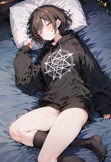 girl, chara, brown short hair, ((masterpiece)), ((high quality)),best quality, (extremely detailed CG:1.2), Highres, 4K, 8K, big black hoodies, pantagram on hoodies, black socks, no pants, , lie on bed, (sleeping), clossed eyes, night, ca3, scarfed clothes, see body parts