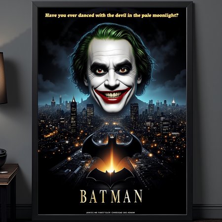 The striking Batman cinema poster showcases Jack Nicholsons menacing Joker grin superimposed over Gotham City at night, with the iconic bat signal shining above and the text: Have you ever danced with the devil in the pale moonlight? BATMAN.