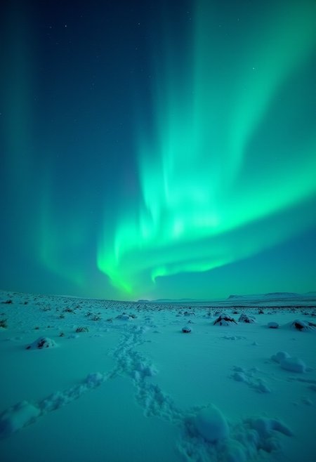 A breathtaking view of the Northern Lights shimmering over a snowy Icelandic landscape,