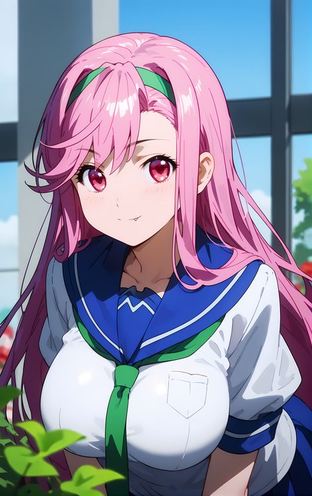 (score_9, score_8_up, score_7_up), standing, leaning forward, looking at viewer, light smile, closed mouth, shiny skin, tight clothes,
ohwx, 1girl, solo, pink_hair, long_hair, hairband, pink_eyes, red eyes, heart, fang, fang_out, breasts, large_breasts,
school_uniform, serafuku,
nuclear powerplant,
cowboy shot, dutch angle, close-up,
 <lora:shiria_ootsuka_pony_ss:1>