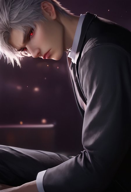 1boy, solo, male focus, toned male, Sylus_(Love_and_Deepspace), Sylus, Qinche, White hair, Red eyes, pale skin, detailed eyes, satisfaction, satisfied, neutral, sad looking,
dark theme, night, intense shadow, intimidating, chest close to viewer, dark light, no light, dark out, shadow, 
(black coat over shoulder:1.1), white collar shirt, black vest, white collar shirt button, socks, wearing a tie, black pants, sweaty hair, long sleeves, modest clothing, looking at viewer, from side view,
sitting, front view, seductive, romantic
rating PG, score_9,score_8_up,score_7_up, source_anime, male focus, Muscular, big thigh, big thigh, big chest, hung, manly, tall, detailed eyebrow, sharp eyebrows, focus on thigh, hairy thigh, thigh focus, random view