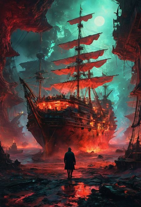 A lone figure, races mingling, and towering masted ships.  A bold color Multiple neon mystical swirls created using the artistic technique of splattering. palette of rich reds,  with shadows and effect that gives the design captivating,  light grain, distorting the sense of up and down. In this bizarre landscape, one altered element can send the entire scene careening into chaos.