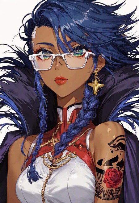 score_9_up, score_8_up, score_7_up, very detailed, 
1girl, dark skin, dark blue hair, braided hair, sci fi glasses, transparent glasses, thick framed glasses, tattooed face, sovietpunk, sovietpunk clothing, communist themed long gown, decorated boy suit, royalty, regal clothes, flowing cape, wearing tunic over bodysuit, well dressed, night time, starry skies, solo focus on female, cyberpunk city in background, starry sky in background, from torso up, portrait style, anime style, detailed face, best detail, (best quality:1.5), masterpiece, (high resolution:1.5) 
ng_deepnegative_v1_75t, OverallDetail, , Expressiveh