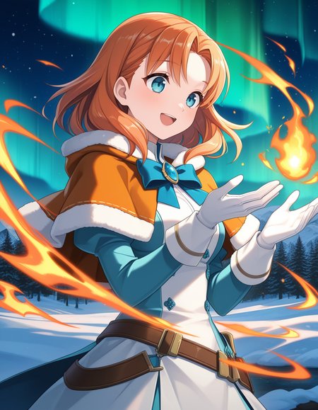 (cub3s0ft),   <lora:1_illu_cubesoft_15e:1>, 1girl, annette_fantine_dominic (post timeskip), fire emblem, orange hair, blue eyes, medium hair, parted bangs, orange capelet, brooch, blue bow, white gloves, long gloves, white dress, blue sleeves, smile, open mouth, magic, fjord, snow, aurora, (masterpiece, best quality, amazing quality),