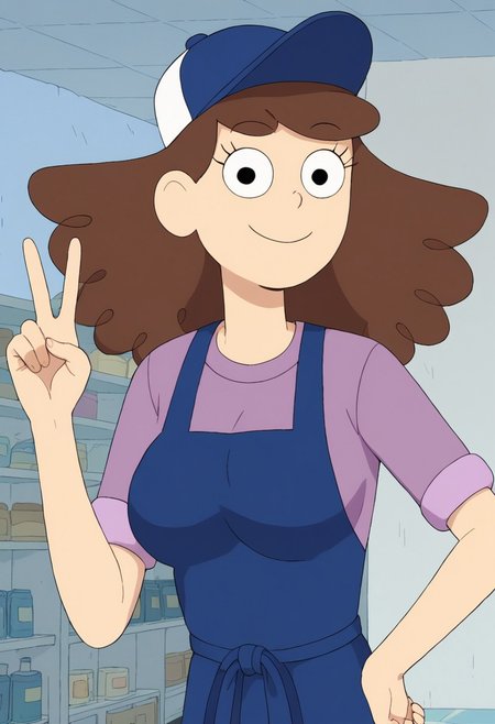 ((room background)),score_9, score_8_up, score_7_up,score_6_up, 
1girl, solo, Samplelady_C, light skin, black eyes, voluminous hair, brown hair, medium hair, dark blue cap with white details, lilac short-sleeved T-shirt, long dark blue apron, beige pants, white shoes, big eyes, cute, tall stature, social smile, perfect eyes, perfect smile, looking at the viewer, detailed eyes, perfect eyes, standing, big breasts (front pose, bust shot) five fingers, perfect hands, (hand on hip, hand up, v sign)