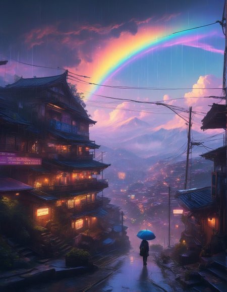 Cyberpunk: (neon lights), (rain-soaked streets), (holographic UI elements), (futuristic decay) :cite[6],
sonic geography where landscapes are sound fossils,
Himalayan valley with terraced farms, 
Scattered showers Weather,
a mystical cloudscape, with swirling mists, vibrant rainbows, and an ethereal atmosphere that feels otherworldly,
Pre-dawn twilight with lingering stars,
Winter pine forests under snow,
 <lora:add-detail-xl:0.7>,
 <lora:DetailMaximizer:0.3>,
 <lora:brho:0.15> brho, 
<lora:Deep_depth_of_field:0.3>,
 <lora:extremely_detailed:0.8> extremely detailed,