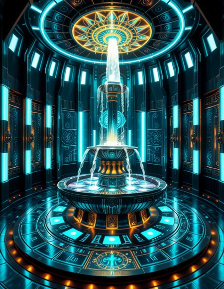 The center of a high-tech, alien temple-laboratory, where dark metallic walls shimmer under the glow of cyan vertical light tubes and faint sacred runes. In the middle of the chamber lies an elaborate biomechanical fountain, rising like an altar from a circular platform of engraved metal. The fountain pulses with iridescent liquid light, flowing in gravity-defying streams that spiral upward before cascading back into a glowing basin etched with ritual patterns. Bioluminescent veins run through the structure, illuminating the surrounding floor like circuitry. Overhead, a radiant, halo-like design casts a celestial glow, enhancing the surreal, sanctified atmosphere. The space exudes a fusion of sacred ceremony and alien technology, as if the fountain were a source of divine power worshipped by another world.
<lora:high-tech_alien_temple_f0unt41n:1>,high-tech alien temple f0unt41n,<lora:SDXLFaeTastic2400:0.4> <lora:extremely_detailed:0.4> extremely detailed, Masterpiece,best quality,hi res,8k,hi res,8k,award winning,(sharp focus, intricate, highly detailed),
