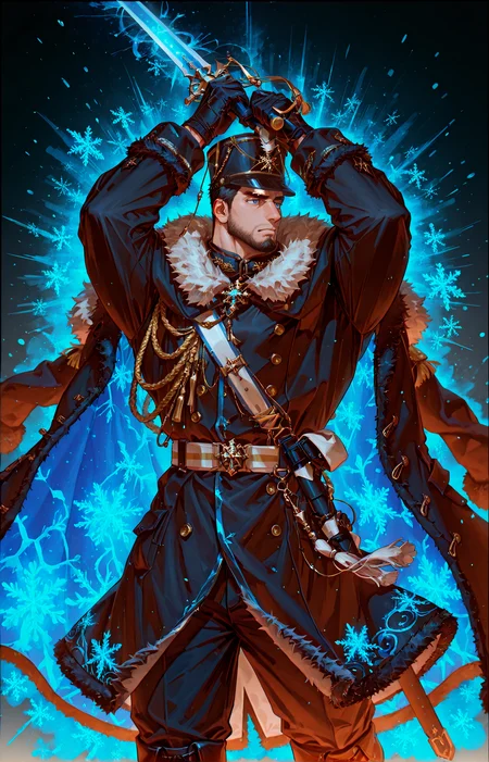 <lora:pose_jodan_no_kamae:1>, ((jodan holding weapon, holding sword, arms up, two-handed, to the side,)),
<lora:face_Edwin__Alchemist_Code-000004:.7>, tagatameedwin, 1boy, black hair, dark blue eyes, short hair, solo, male focus, manly, bara, mature male, muscle body, shako hat, fur trim, snowflakes pin, coat, aiguillette, shirt, sash, gloves, glowing pattern, tassel, pants, boots,
cowboy shot, 
(very short hair, beard, bara, mature, facial hair, stubble, beard, full beard, sideburn, beard, a lot of beard, ), facial hair,male focus, muscular male, muscular male, bara, mature,  bara, mature, aixiwuganda_(20222192), very awa, masterpiece, best quality, absurdres, newest, perfect quality, detailed background, intricate details,
<lora:slider_Body Type_alpha1.0_rank4_noxattn_last:3><lora:Anime Summer Days 2 Style SDXL_LoRA_Pony Diffusion V6 XL:.6><lora:slider_cfg_scale_boost:.7><lora:Artist6p:.55>, Artist6p, Artist04p,<lora:slider_il_brightness_slider_d1:-1><lora:slider_il_contrast_slider_d1:-1><lora:slider_DarkSlider1.2_alpha1.0_rank16_full_300steps:-.6><lora:slider_contract_controller_illus01_v1:.5>,