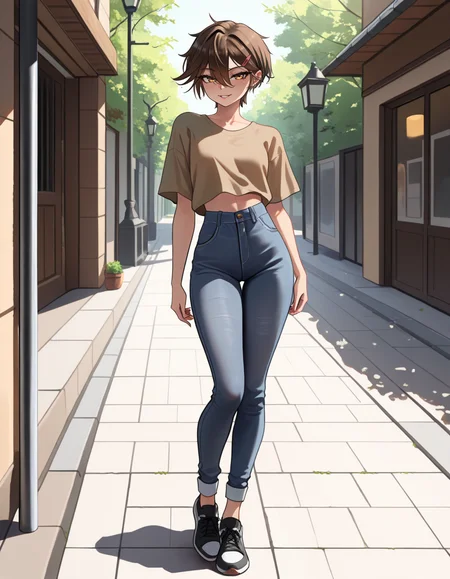 masterpiece, best quality, very aesthetic, absurdres,
outdoors, casual, 
full body, standing, posing, 
 seductive smile, parted lips, long eyelashes,
<lora:Sasha_v01_NAIXL:1>
S4sh4,1girl,solo,tomboy,short hair,brown hair,hairclip,hair between eyes,brown hair,bangs,