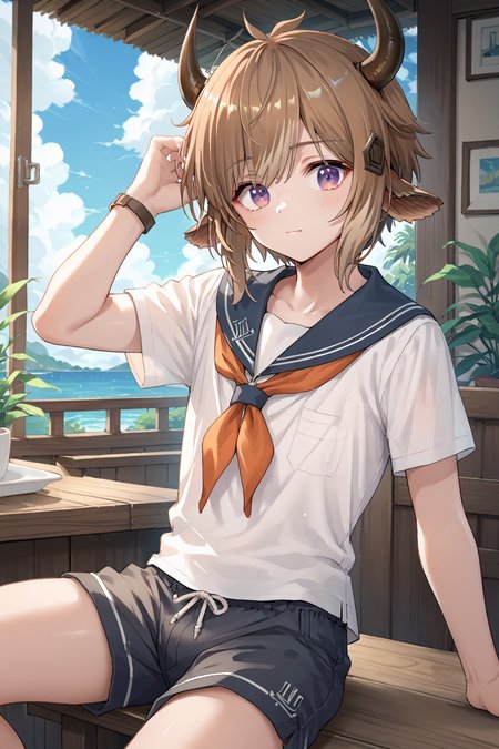 score_9, score_8_up, score_7_up, source_anime BREAK
1boy, solo, bison\(arknights\), cow ears, brown hair, cow horns, purple eyes, looking at viewer, 
zPDXL3, <lora:bisonPony:0.8>, sailor_shirt, shorts