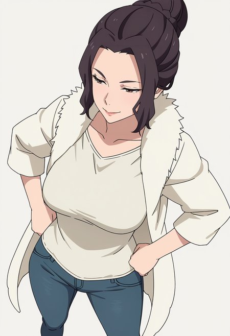 Smooth Quality,masterpiece,very intricate, high quality details, ultra realistic, high detailed skin,detailed enviorement,absurdres,
simple background, white background,
standing, hands on hips, feet apart, determined, looking forward,  ,dynamic angle,naughty face, 
 <lora:Blumund_Queen_cnn:0.7>blumundqueencnn,1girl, black hair, hair bun,mature female, 
fur coat, ,t-shirt, ,skinny jeans, ,