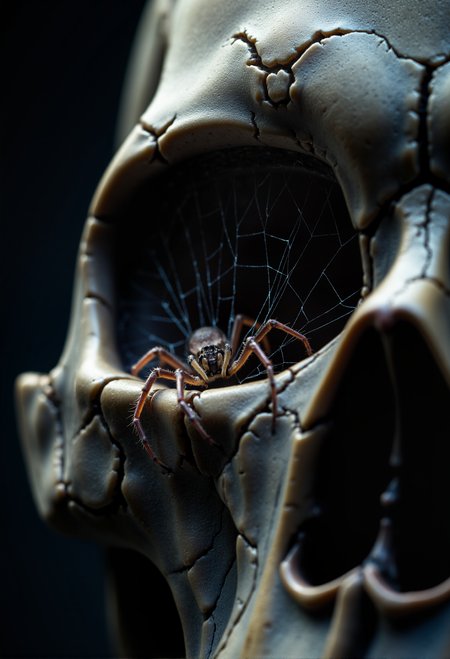 cinematic film still Close-up of a spider that has built its web inside the eye socket of a demonic skull. The skull is cracked and aged, with dark shadows enhancing its eerie, sinister appearance. The spider's delicate web glistens in the dim light, contrasting with the grim, haunting features of the skull. The scene is detailed and atmospheric, highlighting the creepiness of the spider and the macabre nature of its chosen home. <lora:aidmaImageUpgrader-FLUX-V0.1.safetensors:1.0>, detailmaximizer  . shallow depth of field, vignette, highly detailed, high budget, bokeh, cinemascope, moody, epic, gorgeous, film grain, grainy