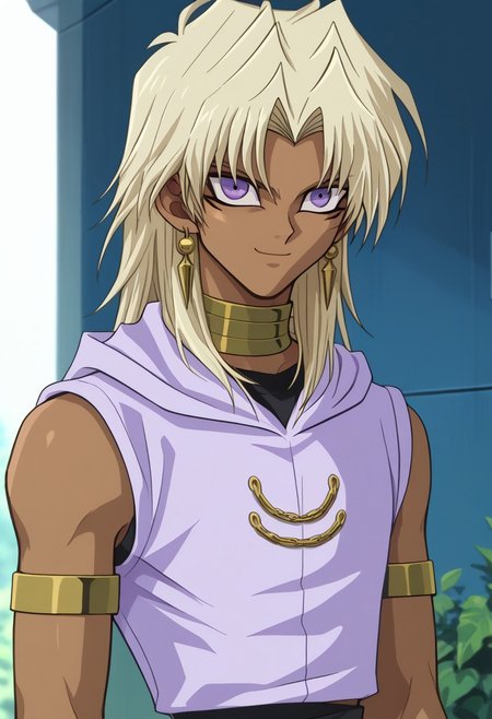 score_9, score_7_up, source_anime
marikuish, 1boy, male focus, solo, dark skin, dark-skinned male, purple eyes, blonde hair, long hair, parted bangs, jewerly, earrings, neck ring, armlet, hoodie, hood, purple hoodie, sleeveless hoodie, black undershirt, smile, closed mouth
outdoor,