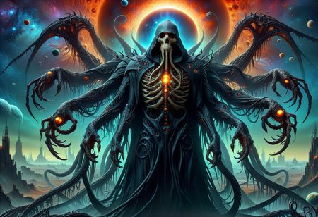 Uhd,oil painting,8k,macabre,horror. Lovecraftian monstrosity,towering over a planet. Glowing eyes, Grim Reaper style, Multiple arms. Tentacle lower body. Humanoid,<lora:Cosmic_HorrorTitan:1>,flux-style