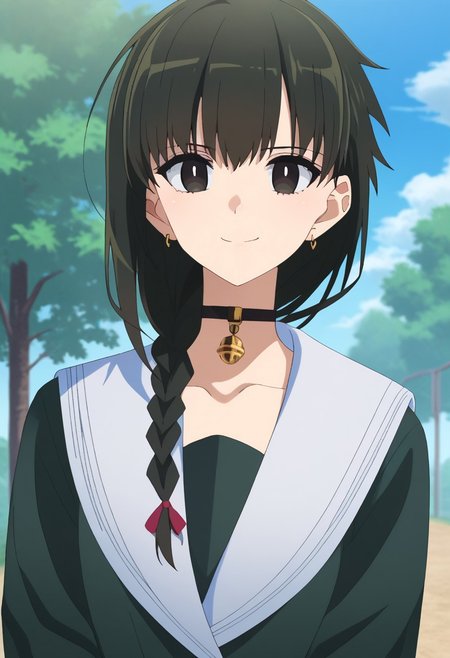 score_9, score_7_up, source_anime, 
yokoya, 1girl, solo, black eyes, black hair, braid, hair over shoulder, chocker, black chocker, bell, jewelry, earrings, school uniform, serafuku, jacket, black jacket, portrait, smile, closed mouth,
outdoor, sky, tree, cloud,