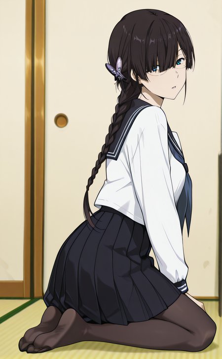 masterpiece, best quality, highres, newest, 1girl, solo, official style, anime screencap, <lora:IL_Juumonji_Kaho_v2:1>, kaho, black hair, blue eyes, braid, glasses, sidelocks, bangs, hair over one eye, mole under eye, serafuku, pleated skirt, black pantyhose, indoor, tatami, from side, side view, looking at viewer, feet, parted lips, kneeling, full body, butterfly hair ornament
