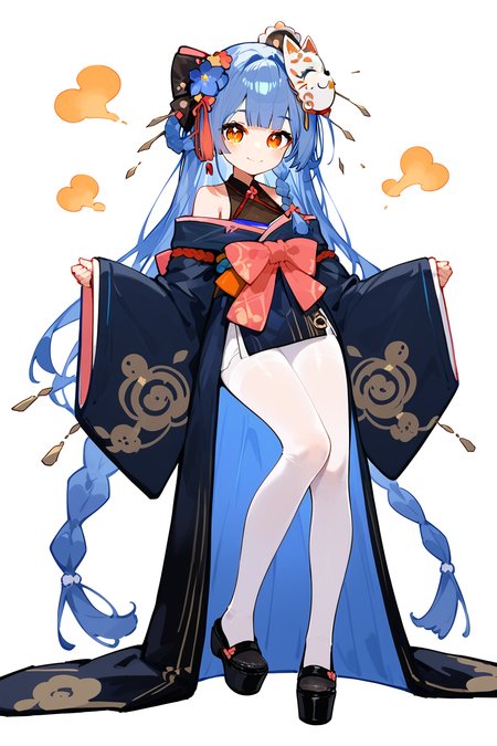 (score_9,score_8_up,score_7_up,),<lora:Azi2:0.8>,azi,solo,1girl,virtual youtuber,orange eyes,yellow eyes,long hair,mask on head,japanese clothes,blue hair,hair ornament,very long hair,black footwear,looking at viewer,kimono,braid,bare shoulders,bangs,wide sleeves,hair flower,long sleeves,straight-on,pink bow,shoes,off shoulder,light smile,white background,front view,blush,full body,white_pantyhose,