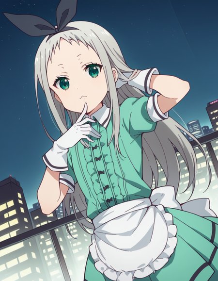 score_9, score_8_up, score_7_up, source_anime, <lora:hideri-kanzaki-s1-ponyxl-lora-nochekaiser:1>, hideri kanzaki, long hair, bow, green eyes, hair bow, grey hair, male focus, hairband, black hairband, otoko no ko, forehead,, gloves, dress, short sleeves, frills, puffy sleeves, white gloves, apron, puffy short sleeves, waist apron, white apron, frilled apron, waitress,, city skyline, rooftop view, night time, city lights, quiet reflection, , looking at viewer, foot pointed, hand on chin, arm behind head, solo,, cowboy shot, dutch angle