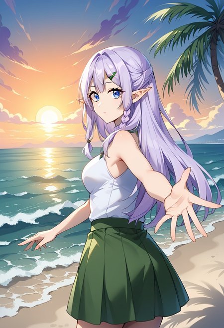looking at viewer, (watching from behind:1.4), (sideways:1.4), head turned toward the viewer, 1solo, girl, (right arm outstretched toward behind:1.4), RiaINN, light purple hair, long hair, side braid, blue eyes, pointy ears, hairclip, sea, sunset, beach, (left palm along the body:1.3), white dress, green skirt