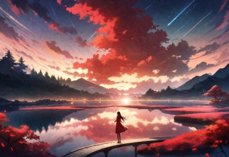 detailed background, ((blood red color palette)), (Calm autumn night landscape), amongst lush greenery, beautiful view, (Sakura blossoms in full bloom), Unexplored, twilight, (setting sun), sunset, 
(shooting stars), stars streaking the sky, streaking stars,
beautiful clouds, dappled sunlight, beautiful, Tranquil Lake, Walkway, petals dancing in the wind, depth of field, masterpiece, best quality, ultra-detailed, very aesthetic, illustration, perfect composition, intricate details, absurdres, moody lighting, wisps of light, making a wish, valley in the horizon