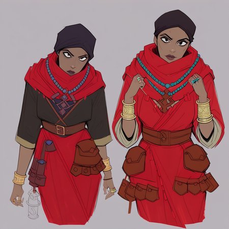 score_9, score_8_up, score_7_up, masterpiece, best quality, newest, absurdres, highres, DDAntiq-V1.1, scarf, bandana, robe, dark-skinned female, dark skin, belt pouch, pouch, necklace, belt, ring, bracelet,