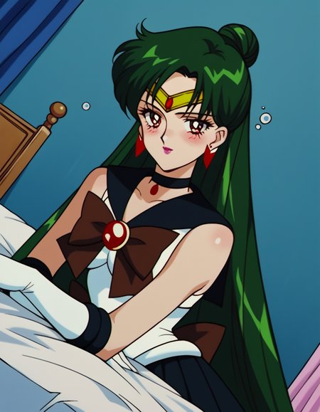 score_9, score_8_up, score_7_up, source_anime, <lora:setsuna-meiou-s3-ponyxl-lora-nochekaiser:1>, setsuna meiou, long hair, red eyes, very long hair, green hair, hair bun, single hair bun, maeup, lipstick,, skirt, gloves, bow, jewelry, pleated skirt, earrings, choker, elbow gloves, white gloves, black skirt, sailor collar, black choker, magical girl, black sailor collar, circlet, back bow, sailor senshi uniform, brown bow, indoors, bed, bed room, on side, blush, drunk, looking at viewer, solo,, cowboy shot, dutch angle