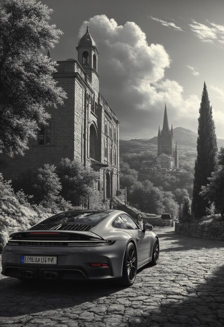 In the style of a captivating Renaissance painting, this artwork showcases a breathtakingly dramatic black and white shot of a sleek Porsche 911 GTS, its elegant curves and aerodynamic lines masterfully highlighted by the interplay of shadow and light. The car, parked on a cobblestone street, gleams with a polished finish that reflects its intricate surroundings—a backdrop of historic architecture featuring ornate stone facades and towering arched windows, evocative of a bygone era. The scene is set during the golden hour, where gentle rays of sunlight filter through dramatic clouds, casting a soft luminescent glow upon the vehicle. Wisps of fog drift through the air, adding a mystical quality, while the distant sound of a church bell tolling resonates, grounding the moment in time. Surrounding the Porsche, lush greenery spills over from a nearby garden, contrasting against the stone and chrome while infusing the air with the faint, sweet scent of blooming flowers. The emotional tone of the composition oozes sophistication and nostalgia, capturing a moment that feels both timeless and contemporary. A solitary figure, dressed in period-appropriate attire, stands beside the car, admiring its beauty with a contemplative expression, hinting at the intersection of elegance and modernity. The atmosphere is charged with anticipation