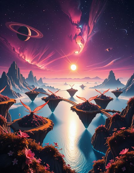 A breathtaking, high-resolution photograph of a celestial paradiseâa stunning, habitable planet floating in the vastness of space. The sky is a mesmerizing blend of deep purples, blues, and pinks, illuminated by twin suns casting golden light over the landscape. Towering crystal mountains shimmer in the distance, reflecting the vibrant hues of the nebula-filled sky. A vast, glowing ocean stretches across the horizon, its surface gently rippling with bioluminescent waves. Floating islands covered in lush, alien vegetation hover above the water, connected by natural bridges of luminescent vines. Exotic, radiant flowers bloom in every color imaginable, while gentle, ethereal creatures with translucent wings glide through the air. In the sky, a massive ringed gas giant looms majestically, its swirling clouds casting soft shadows over the dreamlike terrain. The air shimmers with floating particles of light, creating a surreal, otherworldly ambiance. The entire scene feels like a cosmic utopiaâtranquil, awe-inspiring, and untouched by time.
<lora:SDXLFaeTastic2400:0.4> <lora:extremely_detailed:0.4> extremely detailed,Celestial p4r4d1s3, <lora:Celestial_p4r4d1s3-i:1>, Masterpiece,best quality,hi res,8k,hi res,8k,award winning,(sharp focus, intricate, highly detailed),