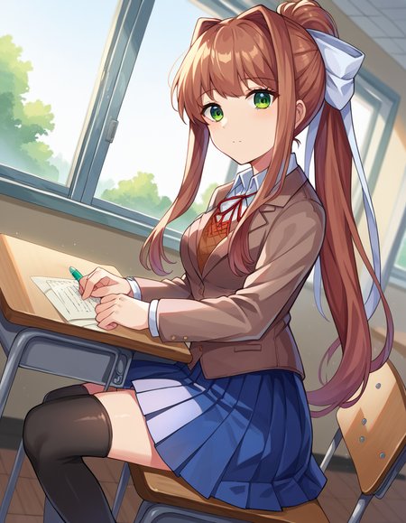 score_9, score_8_up, score_7_up, source_anime,
ddlcmonika, <lora:ddlc-monika-ponyxl-lora-nochekaiser:1>
ddlcmonika, blunt bangs, brown hair, green eyes, long hair, ponytail, ribbon, white ribbon, hair ribbon, sidelocks,
black thighhighs, blue skirt, brown jacket, jacket, long sleeves, mary janes, over-kneehighs, pleated skirt, school uniform, shoes, skirt, thighhighs, zettai ryouiki,
indoors, classroom, sitting, desk,
looking at viewer, dutch angle, cowboy shot,