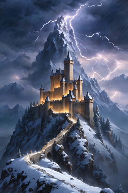 high mountain, castle, towers, (snow storm:1.3), night, lightning, clouds <lora:surrealityLoraVersion_1:1>, (masterpiece:1.2), best quality, (hyperdetailed, highest detailed:1.2), high resolution textures, <lora:EnvyBetterHiresFixXL01:1>