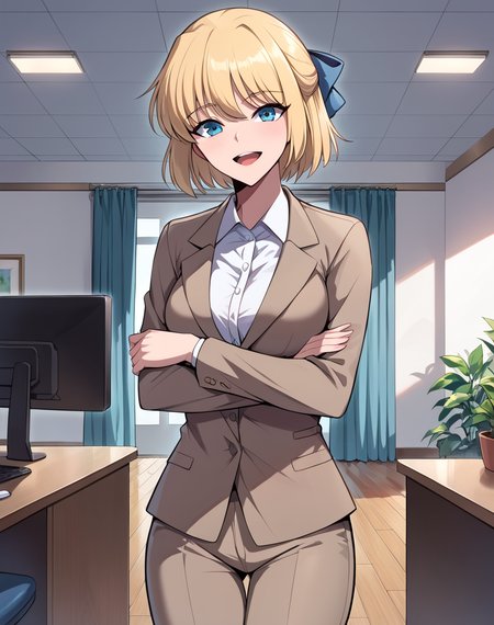 teresa_du_laurentia, blonde hair, blue eyes, short hair, hair bow, formal clothes, brown jacket, white shirt, open hacket, brown pants, breasts, BREAK indoors, office BREAK looking at viewer, sexy face, sexy smile, open mouth, cowboy shot, crossed arms  BREAK score_9, score_8_up, score_7_up, source_anime ,zPDXL, <lora:Teresa_du_Laurentia:0.8>, manhwa, solo