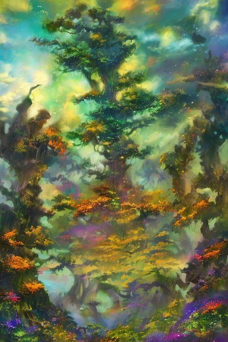 impressionism oil painting, 
fantasy forest,
an expansive ancient forest, featuring towering oaks, diverse wildlife, a variety of flora, and a feeling of grandeur,
glowwave,
dawn,
thunderstorm, and many small clouds, and slightly cloudy, FanLan,