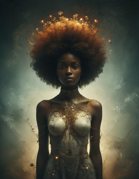 a post-modernist installation towering overhead, casting an otherworldly glow on an African woman in a medium shot. Her afro, adorned with futuristic elements, embodies the essence of Afrofuturism in a surreal, low-key Fujichrome scene, style of Maia Flore, Sherry Akrami, Guy Aroch
