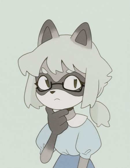 watercolor, colored outlines, pastel background, sea-green background, 

1girl, solo, furry, anthro raccoon girl, almond-shaped eyes, hazel eyes, (square glasses:1.15), straight blonde hair, long ponytail, blouse, low ponytail, nerd, thinking, one hand on chin, 
