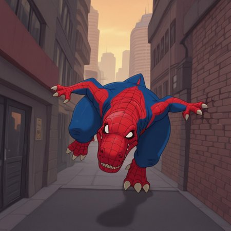 masterpiece, best quality, amazing quality, Tyrannosauruslbtil, feral, Tyrannosaurus rex, amazing spider-man costume, blank eyes, in a city, web slinging, solo