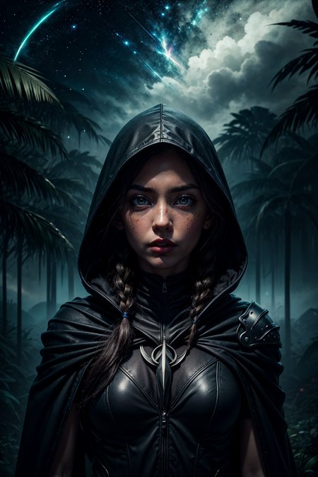 (masterpiece, detailed:1.3), vivid colors, <lora:add_detail:1>,
1 girl, adult  woman, freckles, coral eyes, black braided hairstyle, 
  solo, (full body:0.6), looking at viewer, detailed background, detailed face, (tropical jungle theme:1.1), dark eyes, dark shadow-hunter, agent of oblivion, , shadow guardian, cloak, hood, sleek dark black leather armour,   haunting presence, vanishing into shadows,  shadow manipulation,   evil magical glyphs, dark  blade,   shadowy dark altar in background, dark color scheme,  starry night sky,  echoing whispers, ethereal atmosphere,
<lora:StarDust:0.6>,