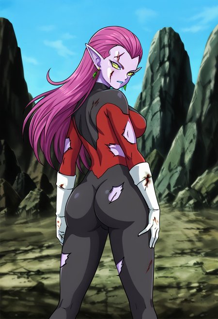 score_9, score_8_up, masterpiece, stunning realistic, best quality, sharpness, easynegative, ng_deepnegative_v1_75t, negative_hand,perfect hands,perfect fingers,1 girl,middle large breasts,cocottedbs, very long hair, yellow eyes, purple hair, earrings, pointy ears, purple skin,,bodysuit, white gloves, standing in a destroyed city,back view,perfect round ass,view on ass,cuts, bruises, damaged, torn clothes, blood,BattleDamage