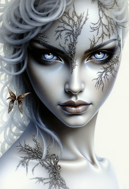 Ethereal Gothic Elegance, A portrait of Hel, the ruler of Helheim. Her marvelous wild mane covers part of her beautiful face and bare chest. Both eyeballs are completely blank and featureless, devoid of pupils and irises, and extend across the entire eye region, blending seamlessly into the surrounding facial area, while the eyes remain fully open. The face is divided into two halves. The left side shows signs of decay and decomposition, with lifeless dark-coal skin, hard bones are visible under the torn skin, shreds of golden ash detached from her skin. Her left eyeball is completely golden. The right half of the face is of unearthly beauty, with immaculate, flawless white skin. Her right eyeball is completely snow-white. The transition between the two halves of the face is fluid and unobtrusive, symbolizing the brief moment between life and death. The picture depicts a surreal and abstract pencil and ink drawing, characterized by a monochromatic scheme with predominant shades of black, white, and gray, which has been digitally enhanced.
