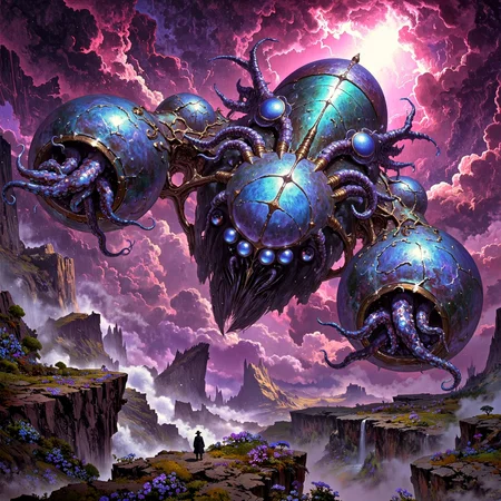 creature with a symmetrical body, the color palette is predominantly blackberry purple and anthrazit grey and deep teal and indigo blue, exotic and otherworldly scenery on a distant planet, very aesthetic, extremely detailed, masterwork, golden ratio, famous artwork, sci-fi, fractal art, dramatic sky, this image shows the airborne "accomplished soulmumbler", an ethereal and mysterious floater with enormous iridescent gas bladders, it navigates the clouds in the dense atmosphere of the tempestuous alien planet "helmsphere" with ethereal wobblepluffing grace, perfect proportions, detailed expressive eyes, dappled lighting, ovg, painting, amanoer, <lora:style-oil_painting-flux-by_leporello:0.48> <lora:style-yoshitaka_amano-elden_ring-flux-by_alicient:0.24> <lora:style-retro_anime-flux-by_lizardman245:0.12> <lora:style-mythic_fantasy-v2-flux-by_velvets:0.88> <lora:image_enhancer-flux-by_dever:0.8>