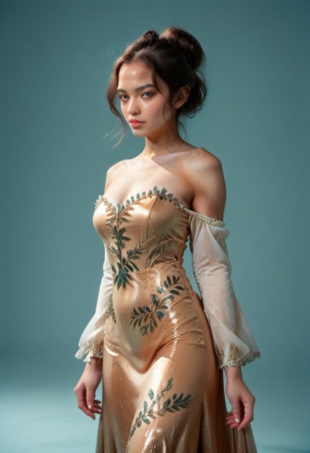 score_9, score_8_up, score_7_up, red kebaya dress (long dress, skin tight, strapless, off shoulder, luxurious design),
pureerosface_v1, JDMAI_KEBAYA, JDMAI_ARIEL_SARI, 
(dynamic lighting), (dynamic shadow), 4k, HD, Hi res, cinematic masterpiece, photographic masterpieces, epiCPhoto,
Neat hair bun, professional makeup, side view, 
Portrait, upper body, alluring pose, confident facial expression, 
(simple turquoise background), (blurry background), (sharp focus on object),