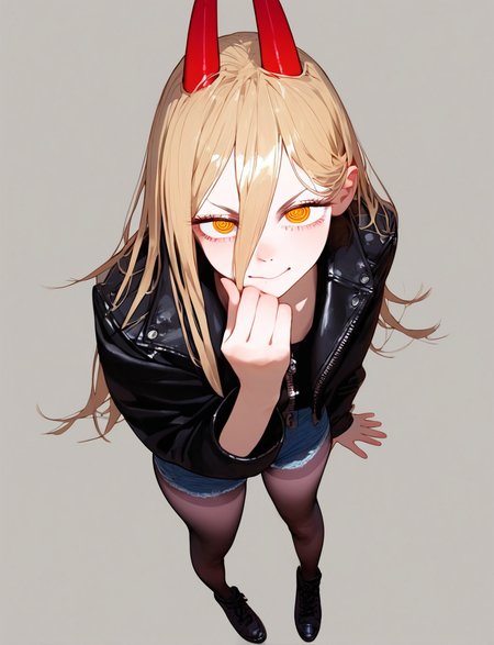 score_8_up. score_7_up, <lora:eatsleep1111>, eatsleep1111, white background, 
1girl, solo, power (chainsaw man), jacket, pantyhose, red horns, shorts, looking at viewer, horns, simple background, hair between eyes, long hair, white background, black jacket, full body, cross-shaped pupils, hand on own hip, blonde hair, symbol-shaped pupils, smile, black footwear, yellow eyes, black pantyhose, standing, leather jacket, short shorts, shoes, hand on own chin, denim, long sleeves, leather, from above, denim shorts, zipper, demon horns, closed mouth