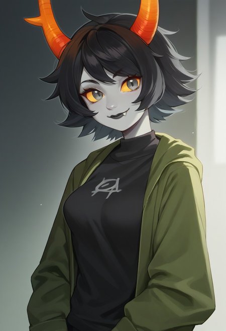 high angle, black outlines, dutch angle, masterpiece, best quality, score_9, score_8_up, score_7_up, score_6_up, score_5_up, high detail, soft lighting, 1girl, Troll, ramhorns, olive jacket, long sleeves, black t-shirt, fangs, closed mouth, long sleeves, skinny, medium breasts, fluffy hair, short hair, black lips, bangs, grey eyes, kohl-rimmed eyes, perfect anatomy, looking at viewer, smile, no lighting, realistic lighting, petite body, blurry background:2, upper body