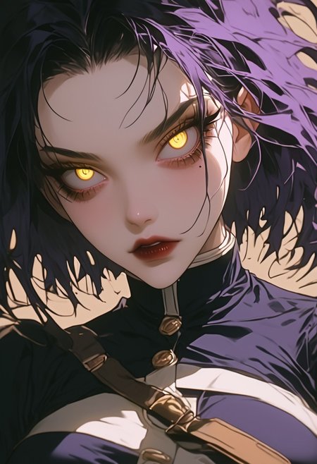 <lora:Autumn Dark Academia Ponyv1.2:1>,4utumnD4rk4cademia,  (masterpiece, soft lines), hair between eyes, young lady, medium breasts, black hair, purple inner colored hair, slicked back hair, yellow eyes, slanted eyes, mole under eye, sharp teeth maid outfit